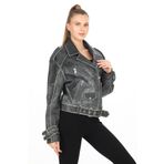 besmoda Kadın Oversize Gri Eskitme Biker Hakiki Kuzu Derisi Mont Ceket