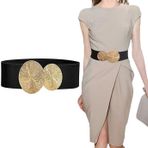 Bessy shop Vintage Geniş Elastik Kemer, Kadın Elastik Kemer, Bel Kemeri, Retro, Altın Geniş Kadın Kemeri, Elbise Gömlekleri için Çift Yuvarlak Tokalı Trend Kemer