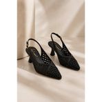 Best Cover ALIX Kadın Siyah Hasır Dokulu Sivri Burun Kadeh Topuklu Slingback Ayakkabı