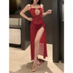 Best Dream Kırmızı Derin Yırtmaç Detaylı Tangalı Gecelik - XL