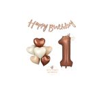 Best Happy Bıthday Yazılı Kahverengi Renk Rakam ve Kalpli Folyo Balon Seti Yaş 1