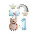 Best Mavi Renk Fiyonk Rakam Gökkuşağı Yıldız ve Karamel Renk Ayıcıklı Folyo Balon Seti Yaş 1