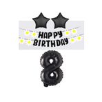 Best Siyah Rakam Yıldız Folyo Balon Happy Bırthday Beyaz Papatya Eva Banner Seti Yaş 8