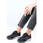 Bestello Bağcıklı Fileli Termo Taban Hakiki Deri Sneaker 338-7091 Kadın Ayakkabı - Siyah Suet