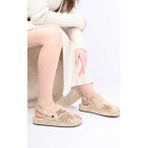 Bestello Cırtlı Poli Taban Lazer Baskılı Hakiki Deri Sabo Sandalet 341-1128 Kadın Sandalet - Bej