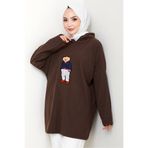 Bestenur Asiya Oversize Ayı Nakışlı Kapüşonlu Tunik 1335 - Kahve