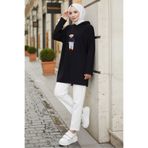 Bestenur Asiya Oversize Ayı Nakışlı Kapüşonlu Tunik 1335 - Siyah