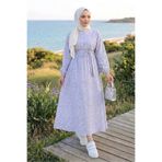 Bestenur Eyser Desenli Keten Elbise 1716 - Gri