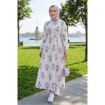 Bestenur Mayra Desenli Keten Elbise 1717 - Lila