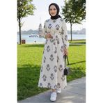 Bestenur Mayra Desenli Keten Elbise 1717 - Siyah