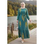 Bestenur Noyra Desenli Viskon Elbise 1722 - Yeşil