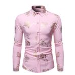 Bestgift Bronz Pembe Kırmızı Uzun Kollu Çiçekli Erkek Gömlek