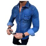 Bestgift Denim Koyu Mavi Uzun Kollu Erkek Gömlek Ceket