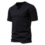 Bestgift Henry Siyah Üç Düğmeli Erkek Kısa Kollu T-shirt