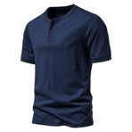 Bestgift Henry Tibet Mavisi Üç Düğmeli Erkek Kısa Kollu T-shirt