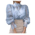 Bestgift Mavi Sky Blue Çiçek Oymak Gevşek Dantel Kadın Bluz
