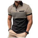 Bestgift Polo Bej Fermuar Baskılı Çizgili Kısa Kollu Erkek Gömlek