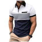 Bestgift Polo Beyaz Fermuar Baskılı Çizgili Kısa Kollu Erkek Gömlek