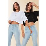 BESTTRENDY Kadın Siyah - Beyaz 2'li Oversize Crop T-shirt