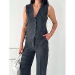 Beta Moda Hub Kadın Çizgili Tansel Kumaş Yelek Pantolon Ikili Takım Ofis Şık Modern - Füme - XL
