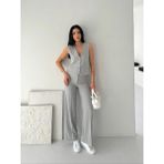 Beta Moda Hub Kadın Çizgili Tansel Kumaş Yelek Pantolon Ikili Takım Ofis Şık Modern - Gri - XL