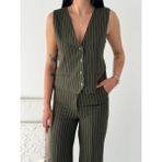 Beta Moda Hub Kadın Çizgili Tansel Kumaş Yelek Pantolon Ikili Takım Ofis Şık Modern - Haki - XL
