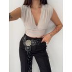 Beta Moda Hub Kadın Vatkalı Kolsuz V Yaka Drapeli Crop Bluz Likralı Fit - Boyalı Gri