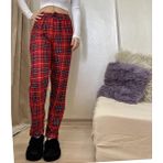 Betimoda Kırmızı Yeşil Ekoseli Kareli Kadın Kadife Pijama Altı Eşofman Pamuklu - XL - Kırmzı - Ekru