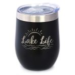 Bevvee Lake Life - Sürgülü Kapaklı Şarap Bardağı - Sapsız Paslanmaz Çelik Yalıtımlı Kupa - Sevimli Açık Hava Kamp Kupası - Siyah