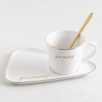 Beyaz Altın Kelime Seramik Kahve Fincanı Tabağı Kaşık Seti Tatlı Tabağı Altın Jant Süt Çay Kupa Porselen Cafe Fincan Doğum Günü Çiftler Hediye Özel Logo (Yurt Dışından) - 1 Adet - Renkli - 1 lt