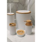 Beyaz Bambu Desenli 5 Parça Banyo Seti | Çöp Kovası, Wc Fırçalık, Sıvı Sabunluk, Diş Fırçalık, Sabunluk