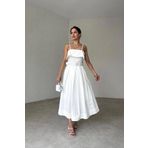 Beyaz Beli Kemerli Pileli Elbise