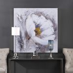Beyaz Çiçek Yağlı Boya Dokulu Tablo 100X100 Gümüş Çerçeveli