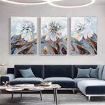 Beyaz Çiçekler Üçlü Set Yağlı Boya Dokulu Tablo 100X150 Gümüş Çerçeveli