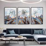 Beyaz Çiçekler Üçlü Set Yağlı Boya Dokulu Tablo 100X150 Siyah Çerçeveli