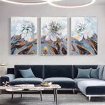 Beyaz Çiçekler Üçlü Set Yağlı Boya Dokulu Tablo 60X90 Gümüş Çerçeveli