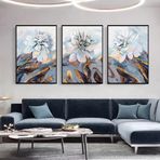 Beyaz Çiçekler Üçlü Set Yağlı Boya Dokulu Tablo 90X120 Siyah Çerçeveli