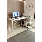 Beyaz Çift Yön Kullanıma Uygun, Raflı Çalışma Masası, Bilgisayar Masası, L Masa, Metal Ayaklı - Bb-l Beyaz