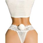 Beyaz Dantel G-String Külot, Pom Pom Detaylı, Şeffaf Tül, Kadın İç Giyim