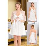 Beyaz Dantel Sabahlıklı Brode Saten Gecelik Takım, XL, LD15218-198IGP101188