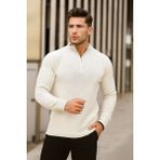 Beyaz Erkek Oversize Fermuarlı Balıkçı Triko Kazak - XL