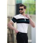 Beyaz Fermuarlı Polo Yaka Çizgili Erkek Tişört E7406 - XL