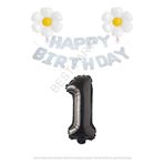 Beyaz Happy Bırthday Set Papatya ve Siyah Rakam Folyo Balon Seti Yaş 1