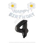 Beyaz Happy Bırthday Set Papatya ve Siyah Rakam Folyo Balon Seti Yaş 4