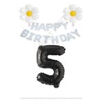 Beyaz Happy Bırthday Set Papatya ve Siyah Rakam Folyo Balon Seti Yaş 5