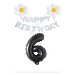 Beyaz Happy Bırthday Set Papatya ve Siyah Rakam Folyo Balon Seti Yaş 6