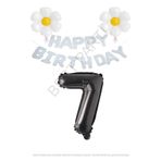 Beyaz Happy Bırthday Set Papatya ve Siyah Rakam Folyo Balon Seti Yaş 7