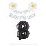 Beyaz Happy Bırthday Set Papatya ve Siyah Rakam Folyo Balon Seti Yaş 8