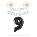 Beyaz Happy Bırthday Set Papatya ve Siyah Rakam Folyo Balon Seti Yaş 9