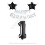 Beyaz Happy Bırthday Set Siyah Yıldız ve Rakam Folyo Balon Seti Yaş 1